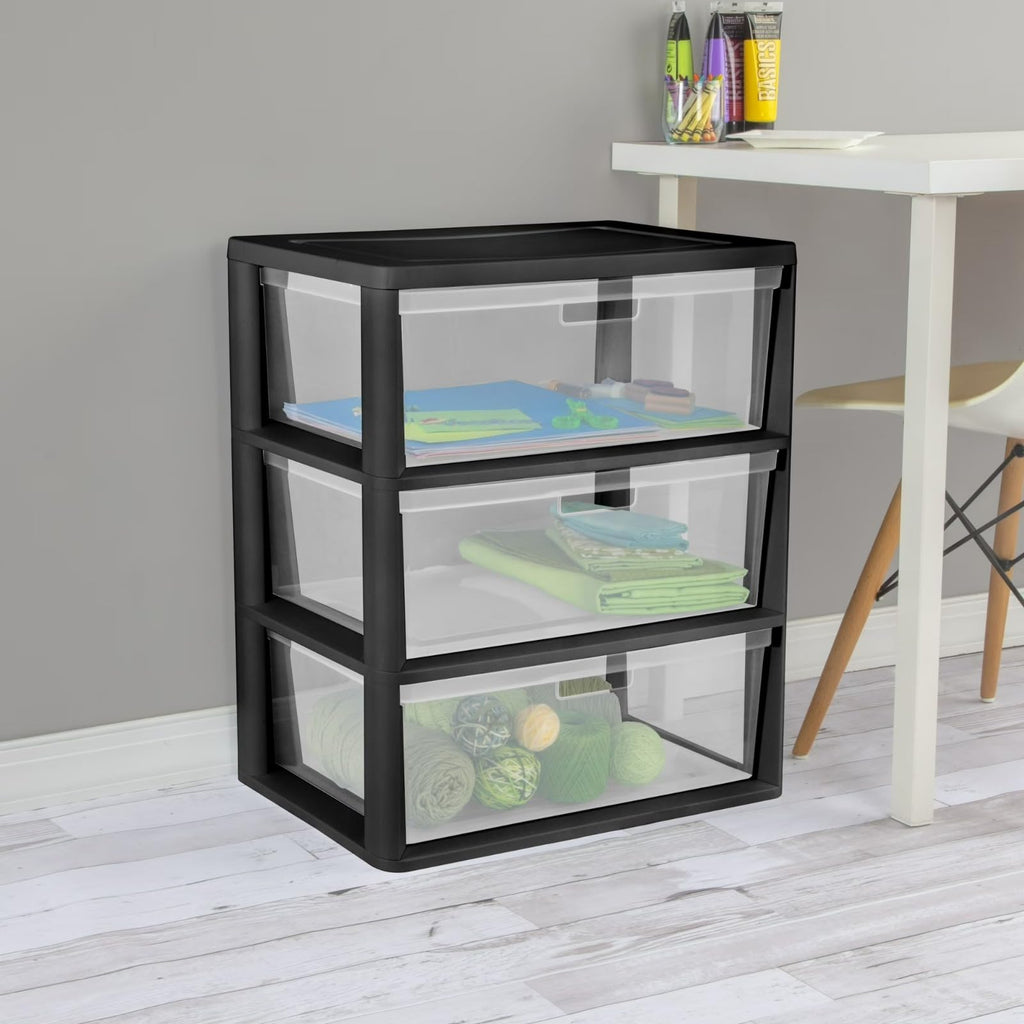 Black 3 Drawer Plastic Storage Organizer Tower with Clear Bins F489