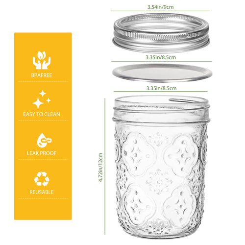 16oz 6 Pack Wide Mouth Glass Mason Jars with Metal Lids M711