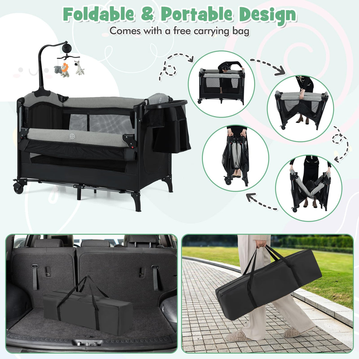 6-in-1 Pack and Play with Bassinet and Changing Table, Black T3984