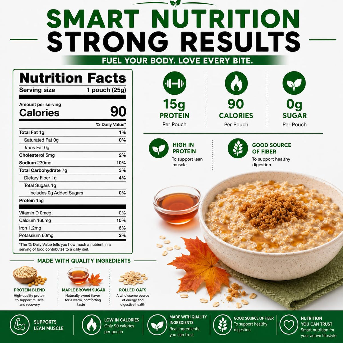 High Protein Instant Oatmeal Mix, 15g Protein, 7 Servings, Maple Brown Sugar M264