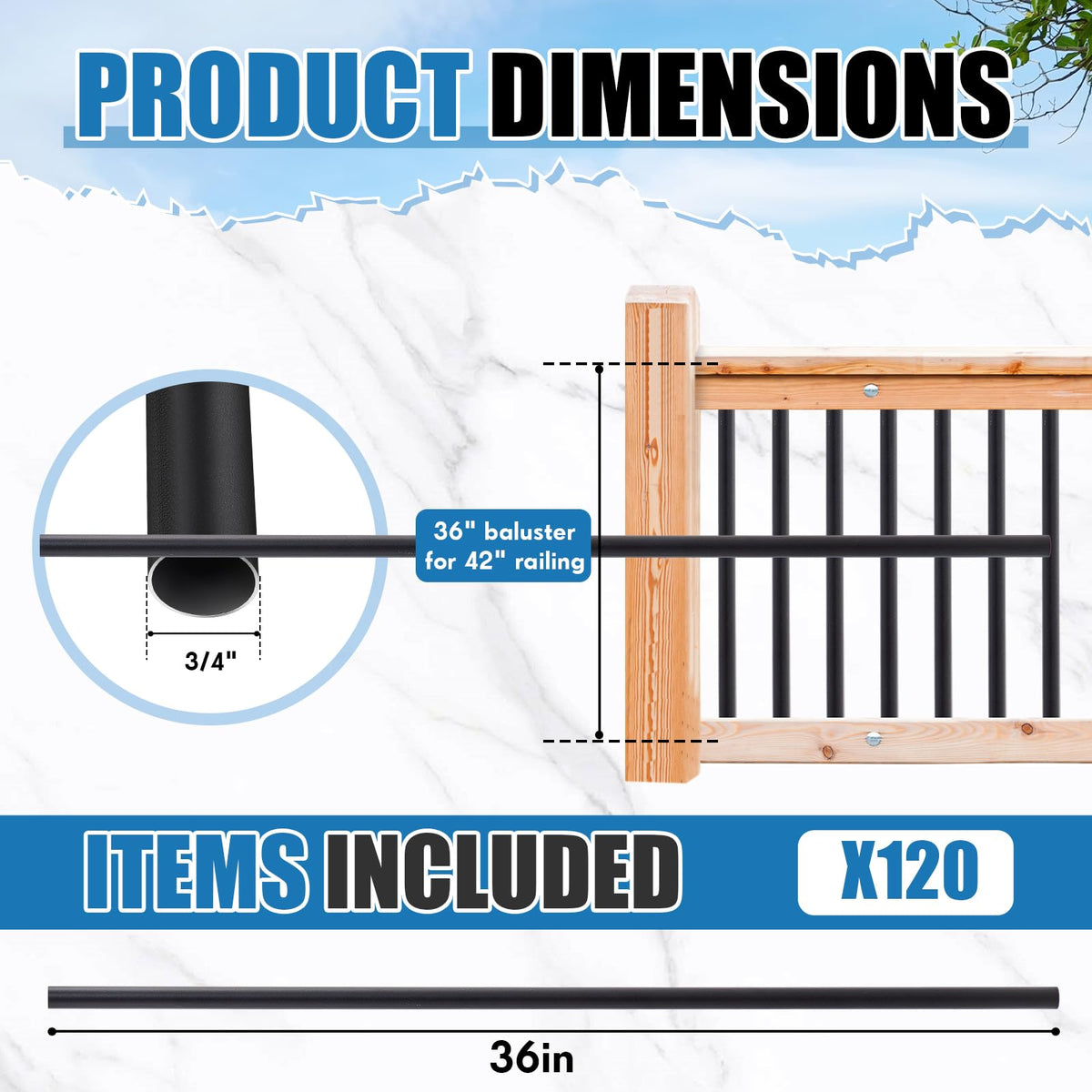Aluminum Black Metal Deck Balusters 36"x 3/4" 120 Pcs X909185