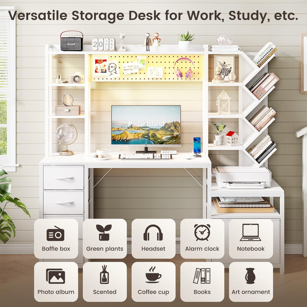 61.4" Computer Desk with Bookshelf, 5 Drawers, Hutch, Outlet, LED I869615