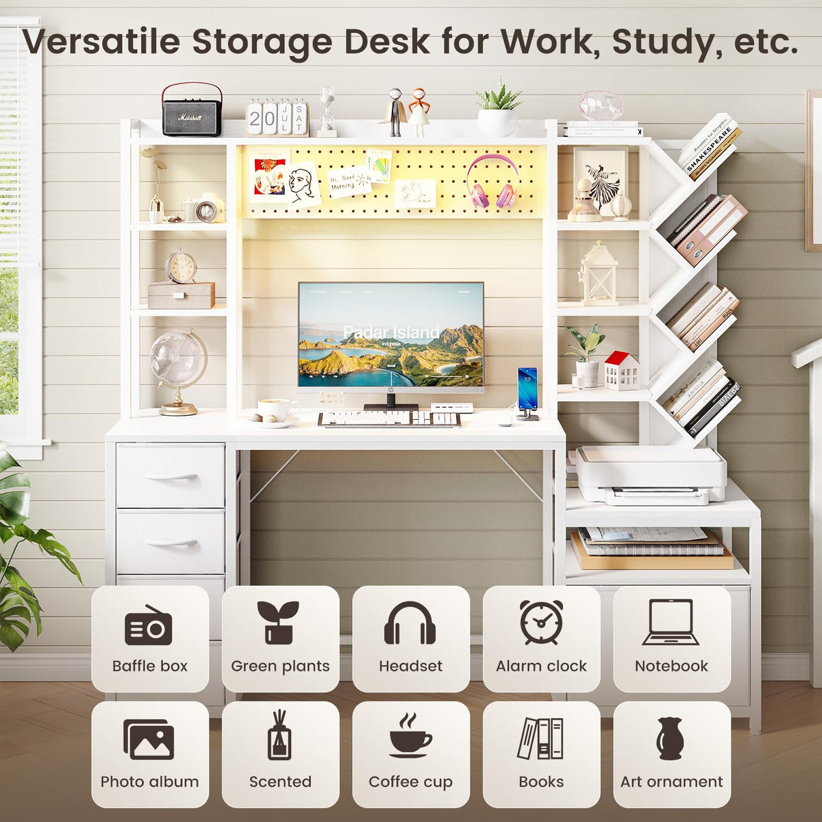 61.4" Computer Desk with Bookshelf, 5 Drawers, Hutch, Outlet, LED I869615