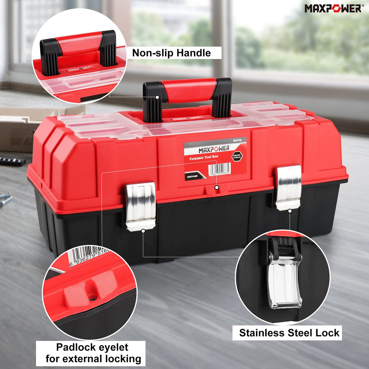 16-Inch Three-Layer Folding Plastic Tool Box with Tray and Dividers Y10774