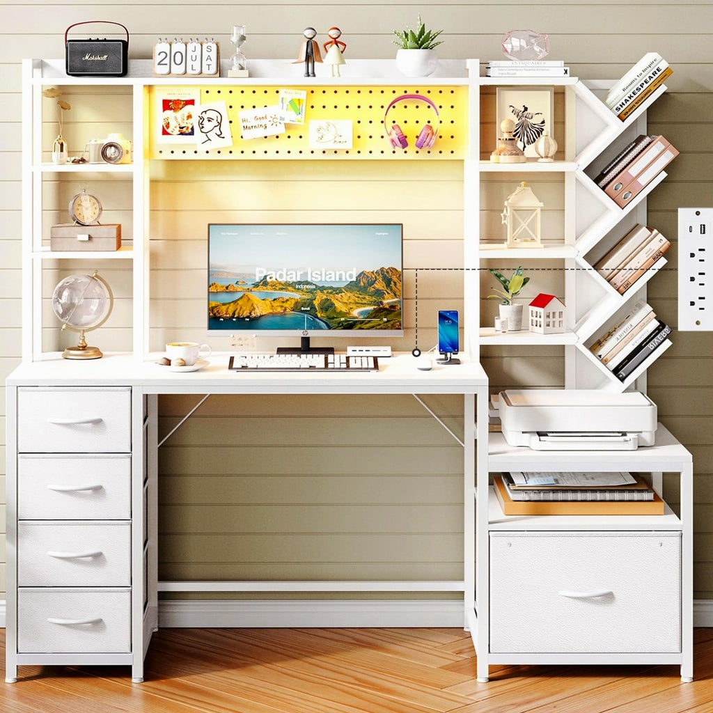 61.4" Computer Desk with Bookshelf, 5 Drawers, Hutch, Outlet, LED I869615