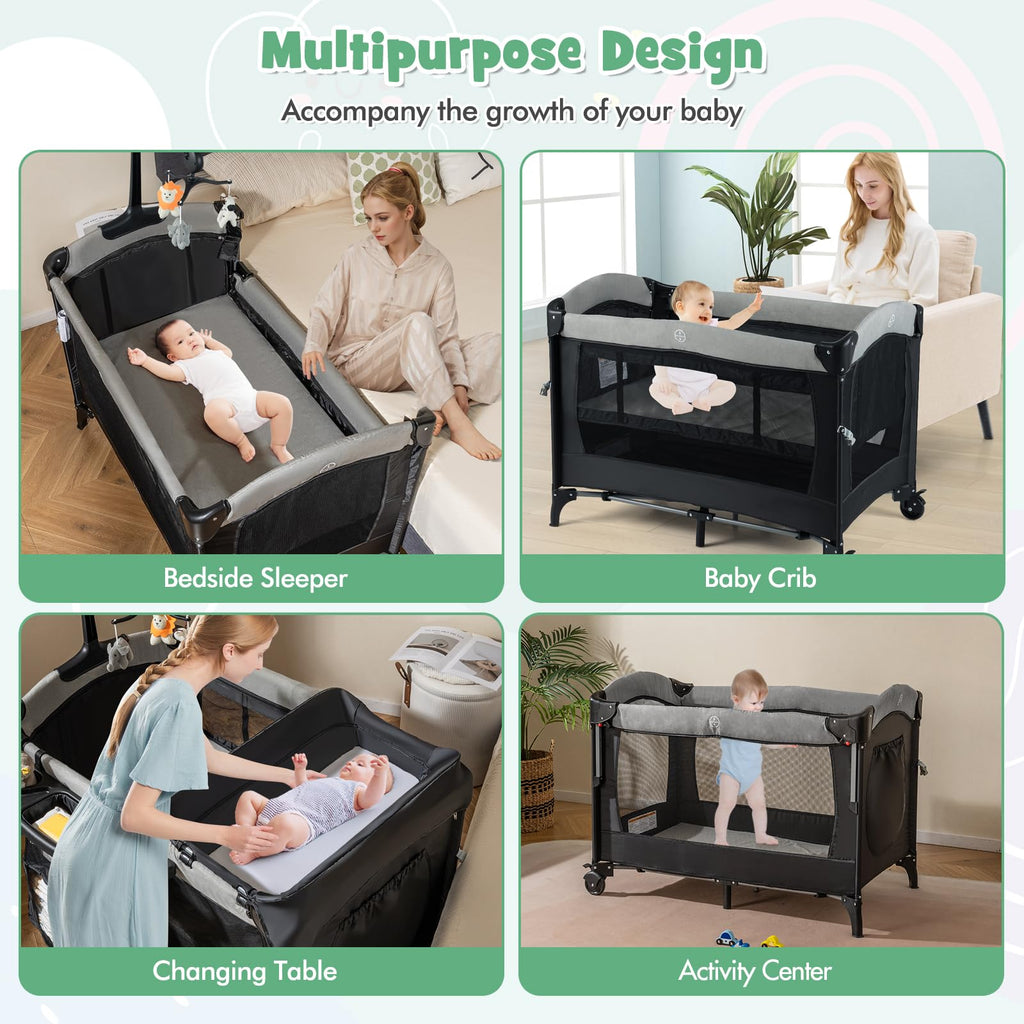 6-in-1 Pack and Play with Bassinet and Changing Table, Black T3984