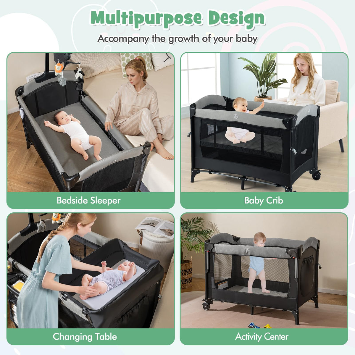 6-in-1 Pack and Play with Bassinet and Changing Table, Black T3984