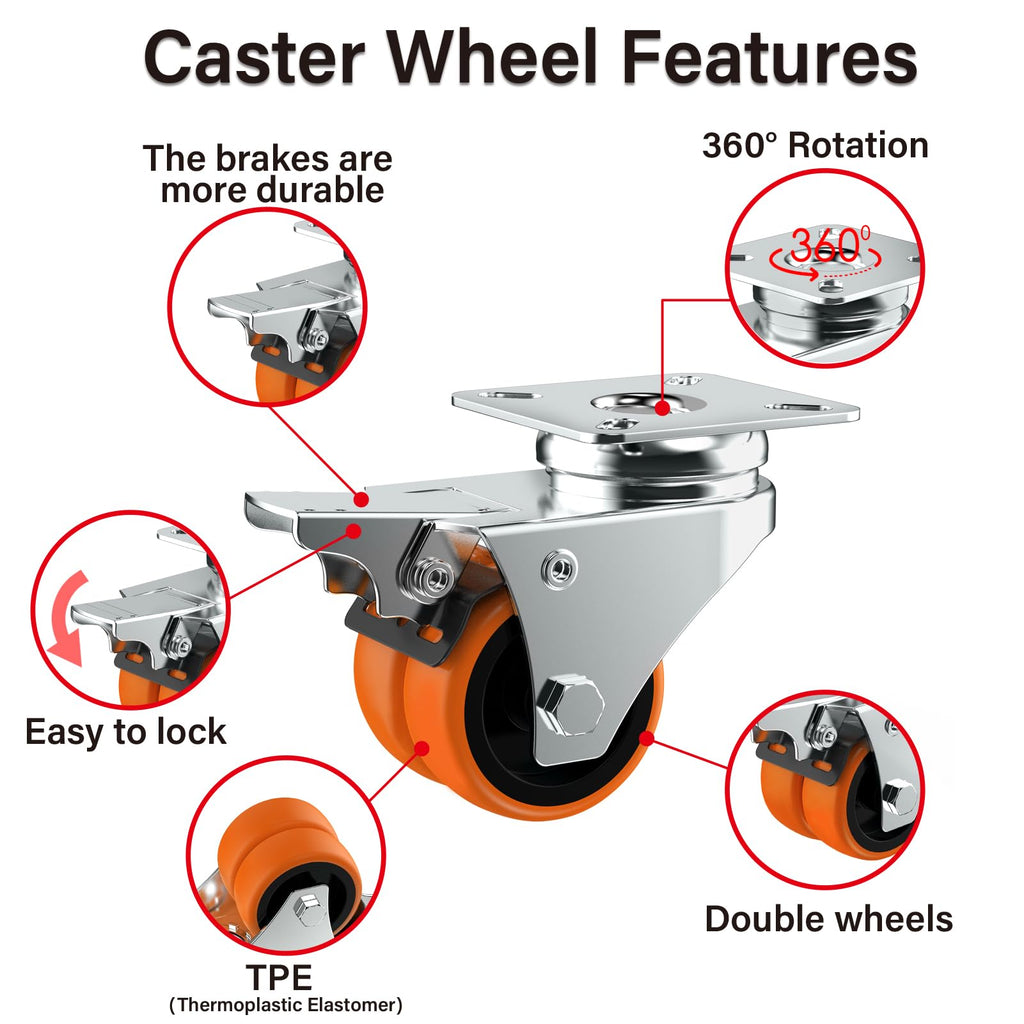 2" Double Wheel Casters with Brake 4 Pack A257