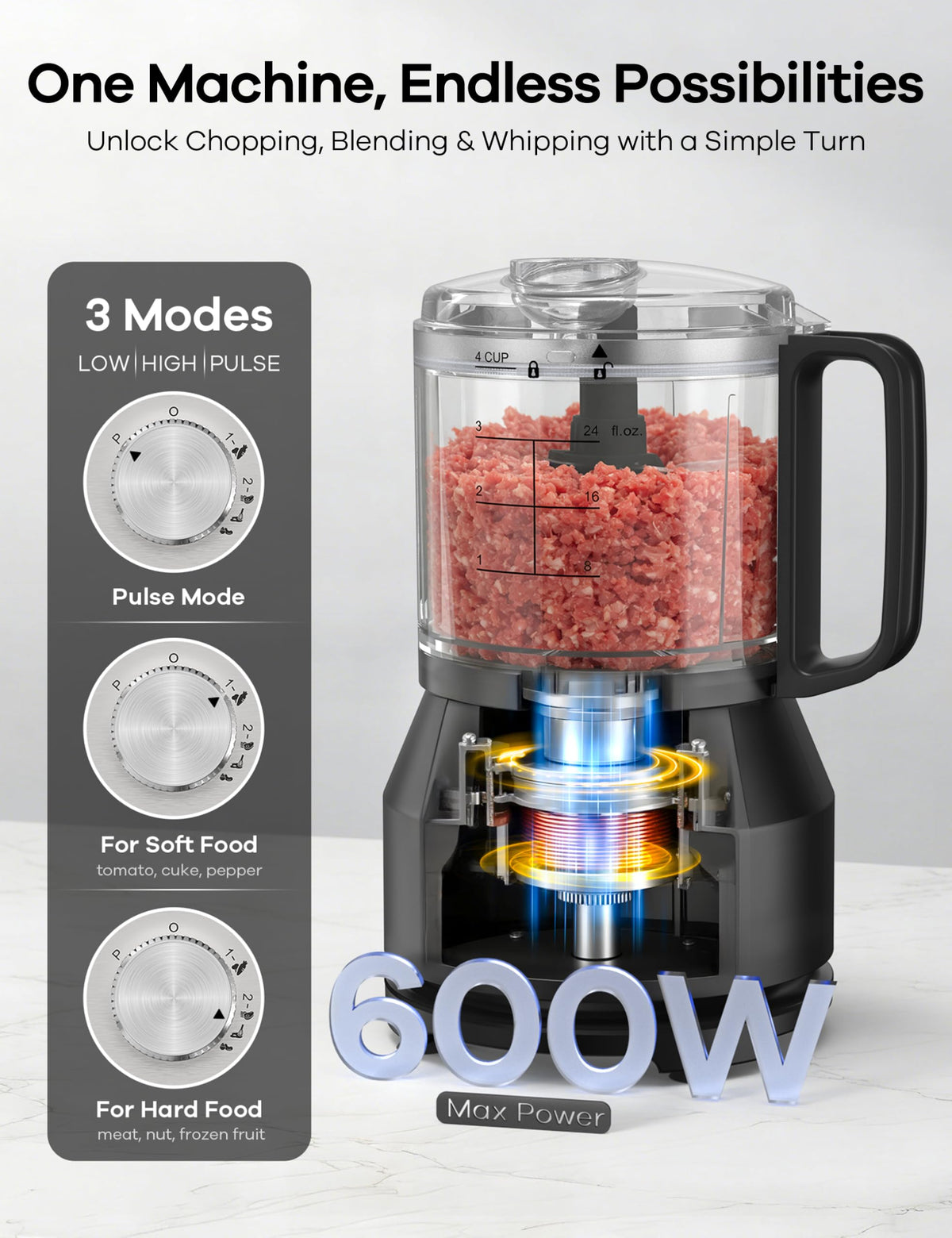 4-in-1 Food Processor with 2x4-Cup Bowls V6625