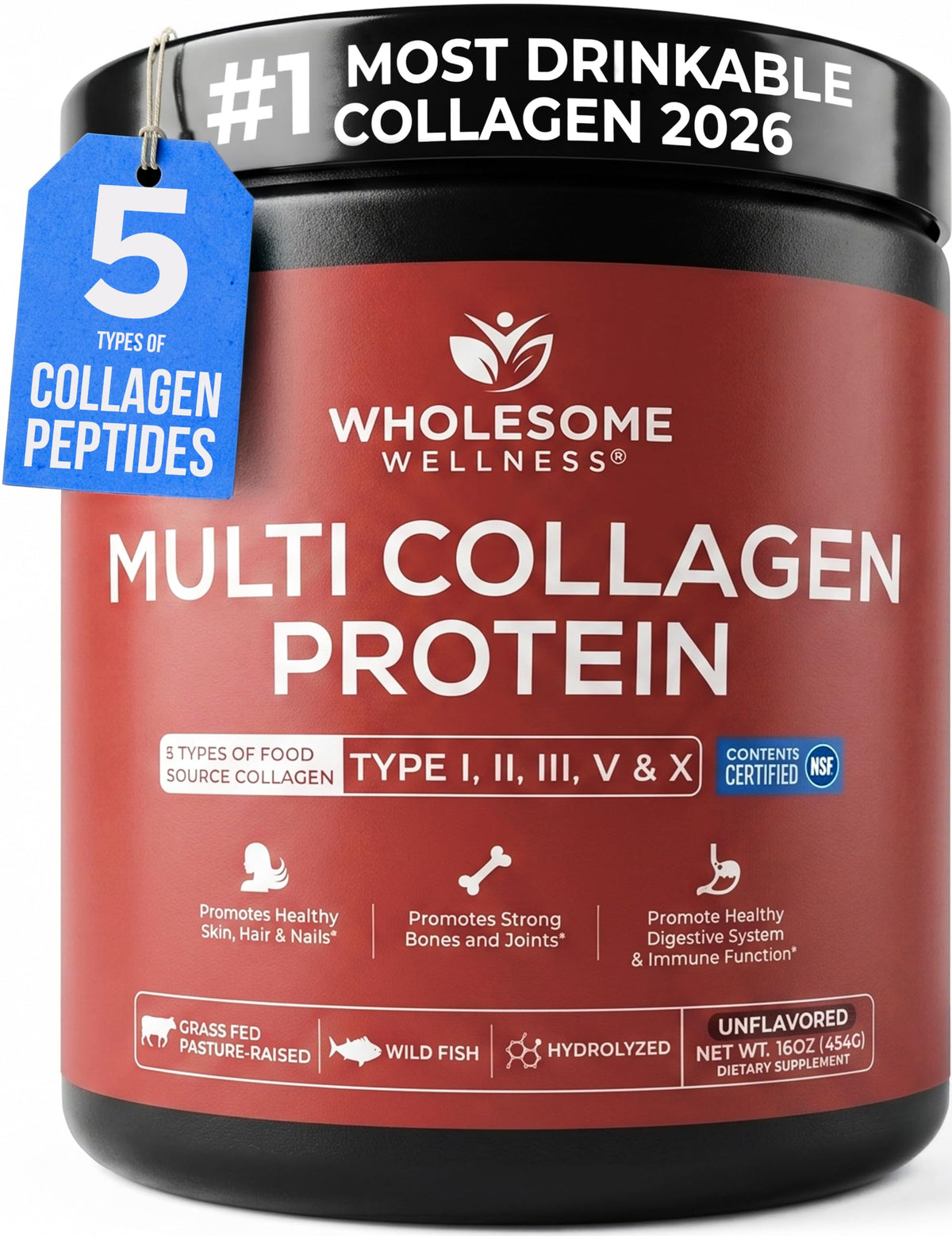 Multi Collagen Peptides Protein Powder, 5 Types Hydrolyzed, Grass-Fed, Non-GMO, Unflavored G865