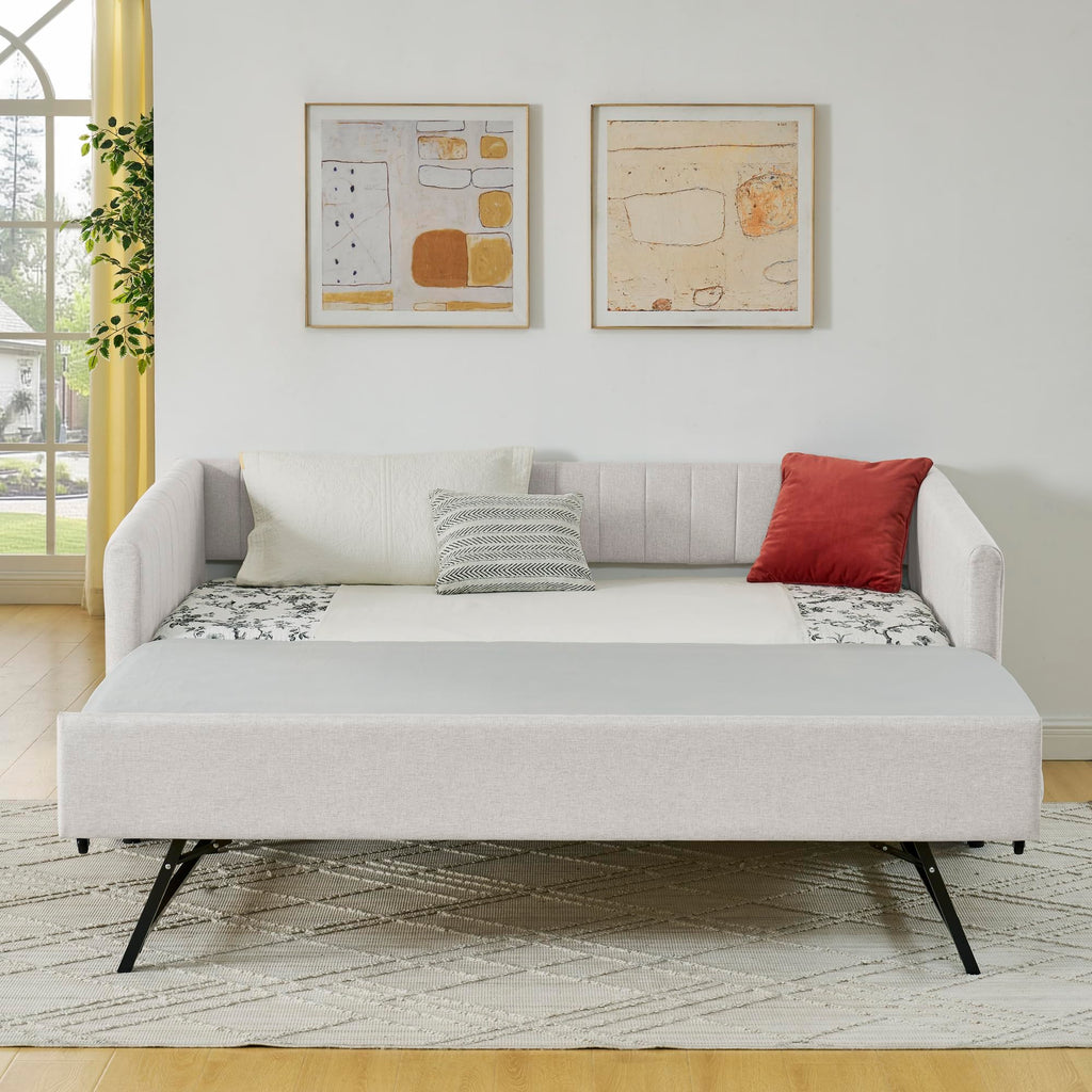 Beige Linen Twin Size Upholstered Daybed with Trundle and Headboard A242