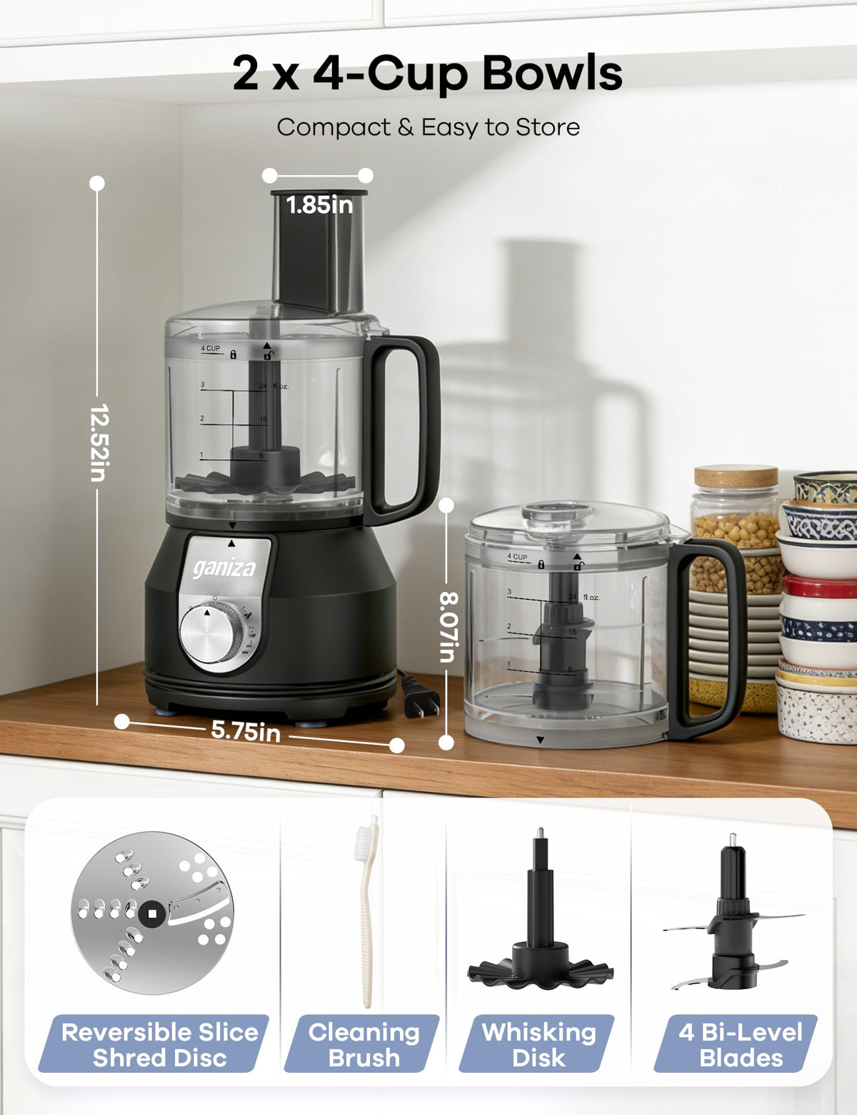 4-in-1 Food Processor with 2x4-Cup Bowls V6625