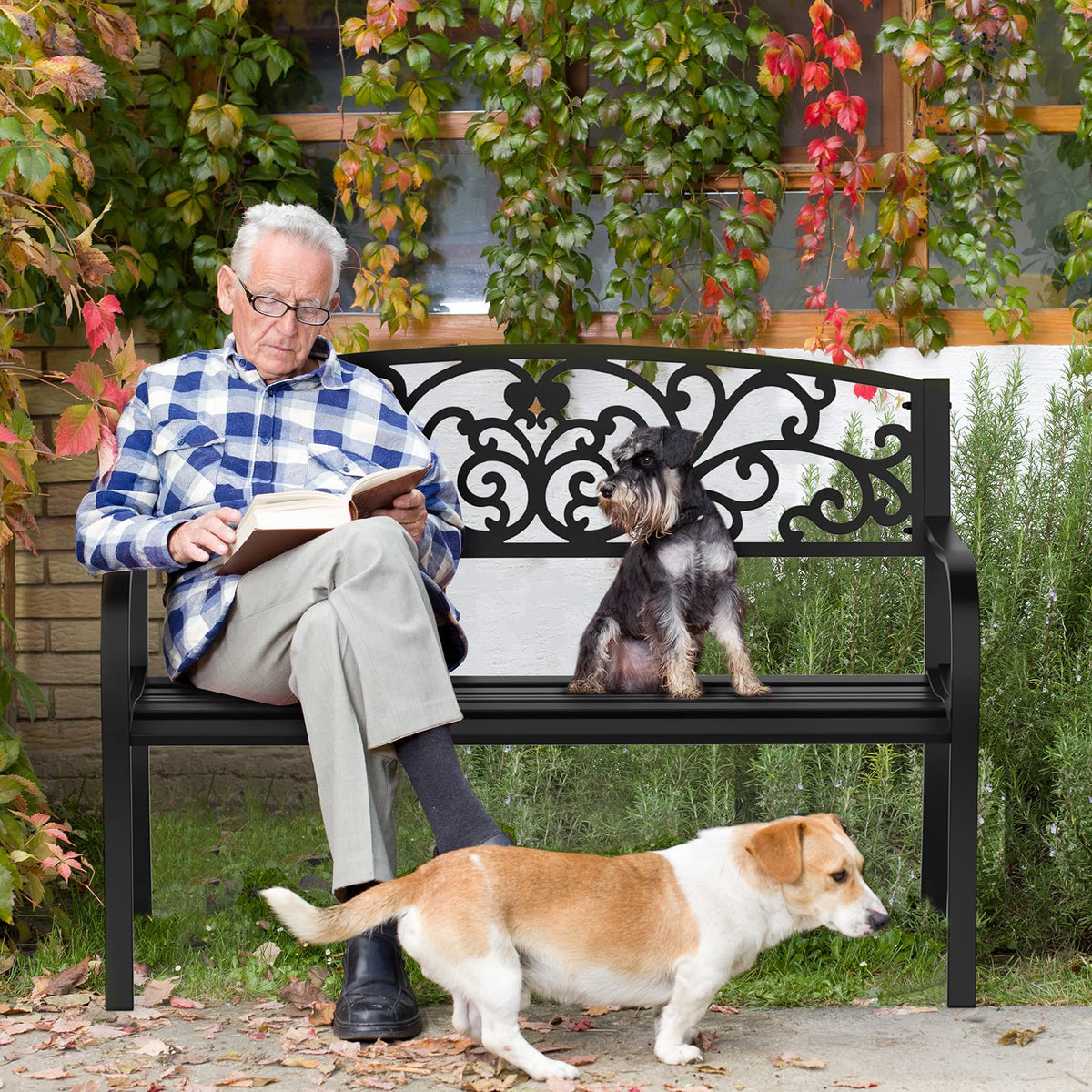 Black Metal Outdoor Bench with PVC Back Pattern D10729