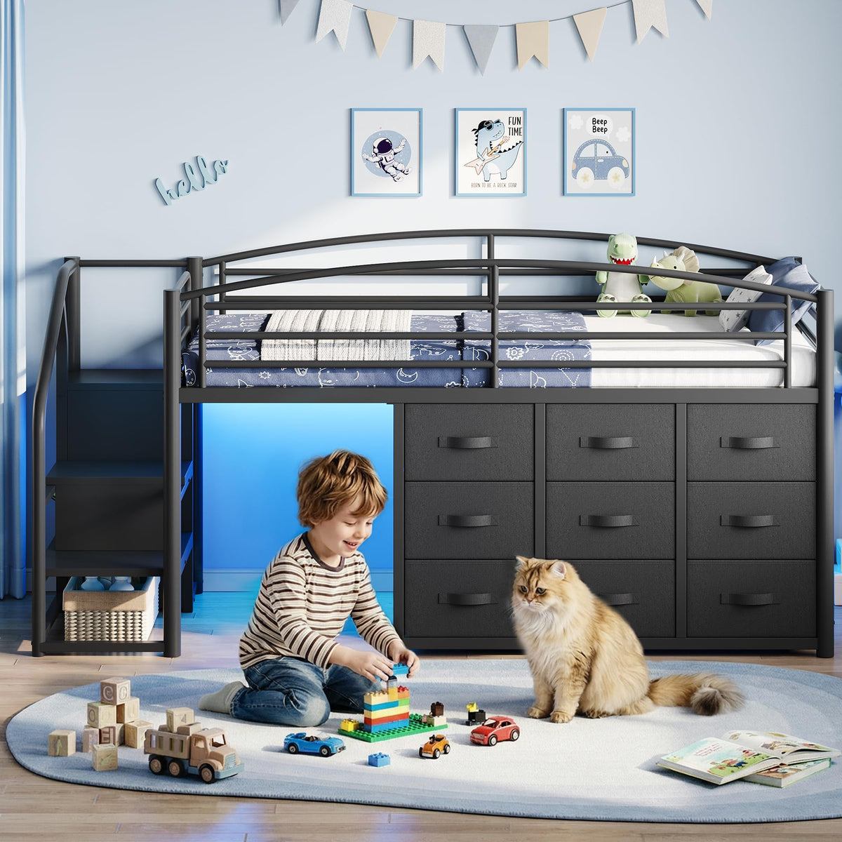 Twin Metal Loft Bed with 9 Storage Drawers and Guardrail S1676
