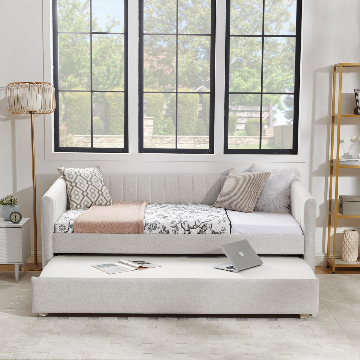 Beige Linen Twin Size Upholstered Daybed with Trundle and Headboard A242