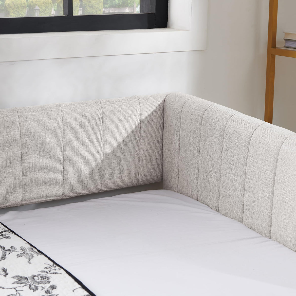 Beige Linen Twin Size Upholstered Daybed with Trundle and Headboard A242