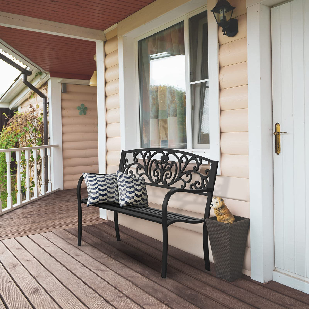 Black Metal Outdoor Bench with PVC Back Pattern D10729