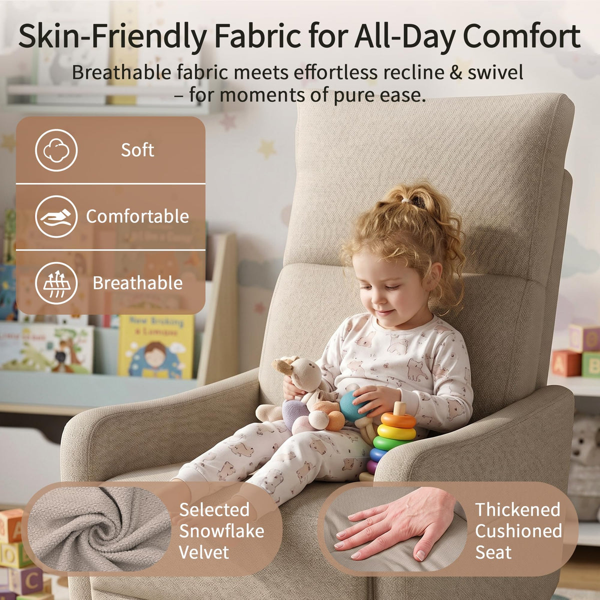 Light Brown Velvet Swivel Rocker Recliner Chair A51735