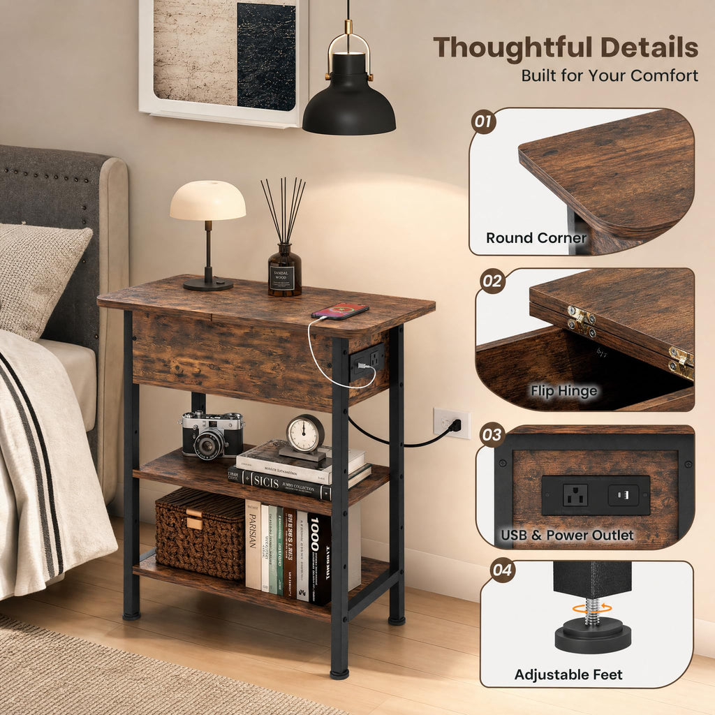 Brown Flip Top End Table with Charging Station and 3 Tier Storage U819230