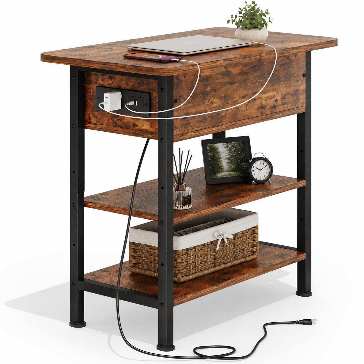 Brown Flip Top End Table with Charging Station and 3 Tier Storage U819230