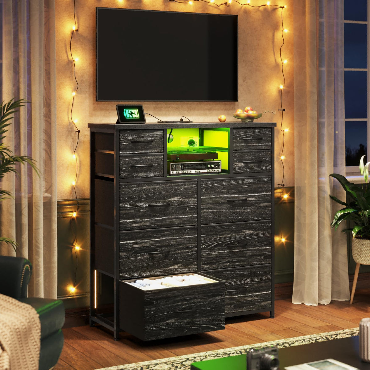 Black 10 Drawer Dresser with LED & Charging Station B767773