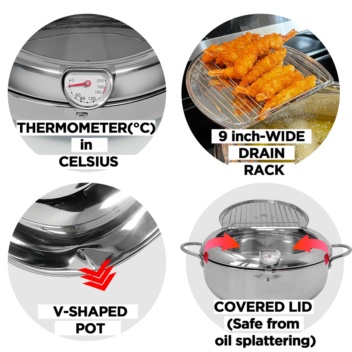 Deep Fryer Pot with Lid, 304 Stainless Steel M7989