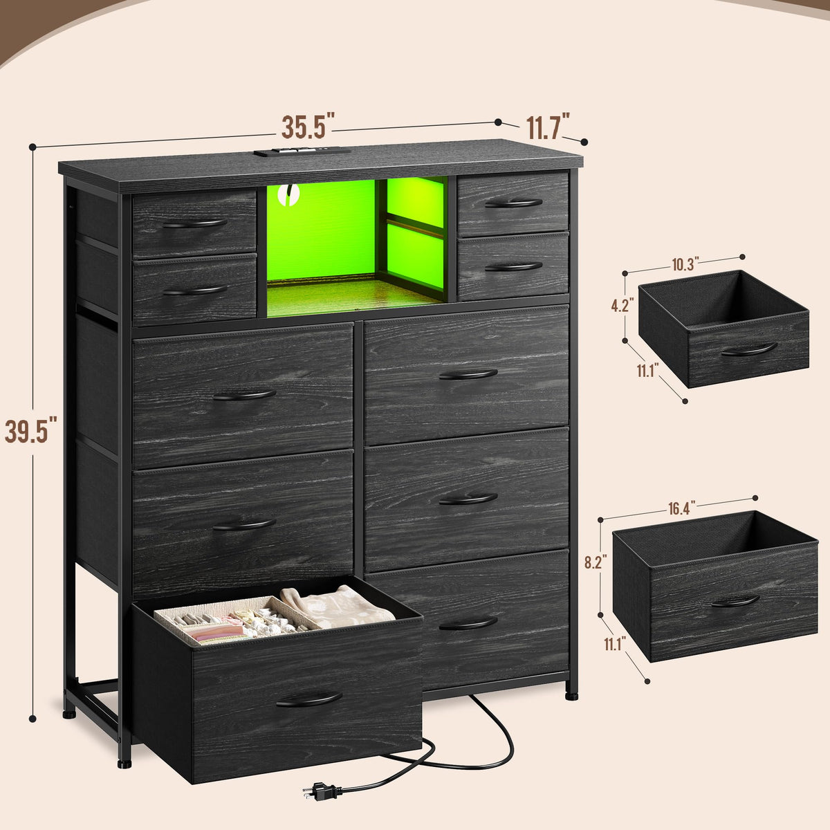 Black 10 Drawer Dresser with LED & Charging Station B767773