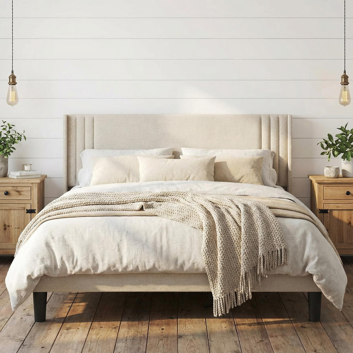 Queen Upholstered Platform Bed with Wingback Headboard S52947