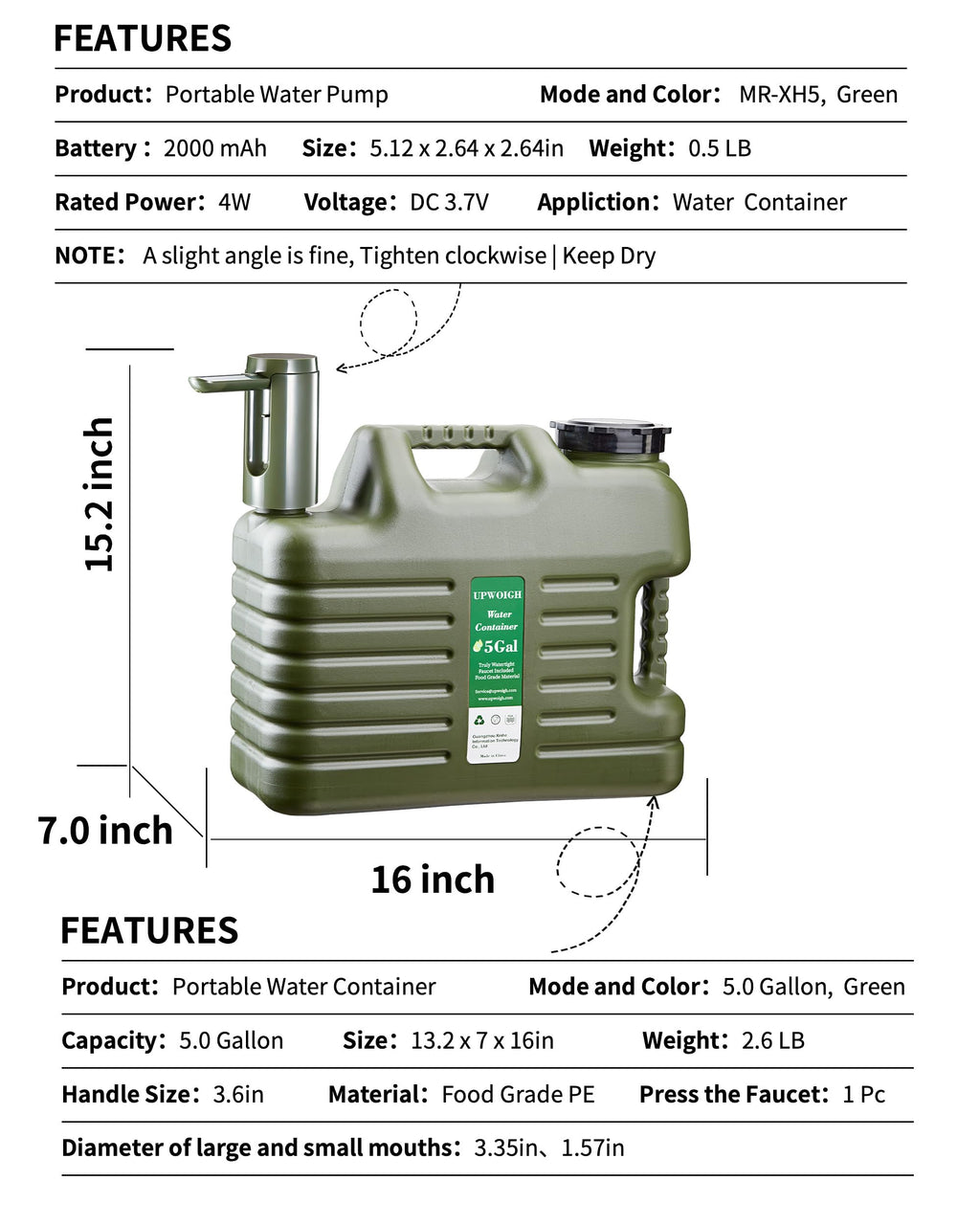5 Gallon Water Jug with Rechargeable Touch Pump M8872