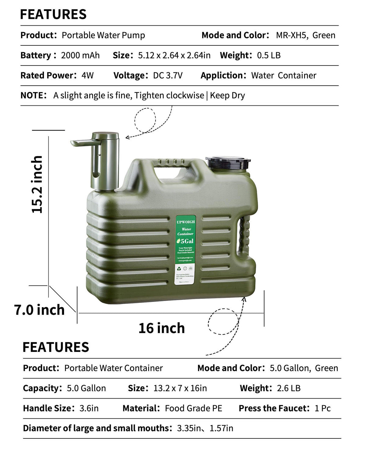 5 Gallon Water Jug with Rechargeable Touch Pump M8872