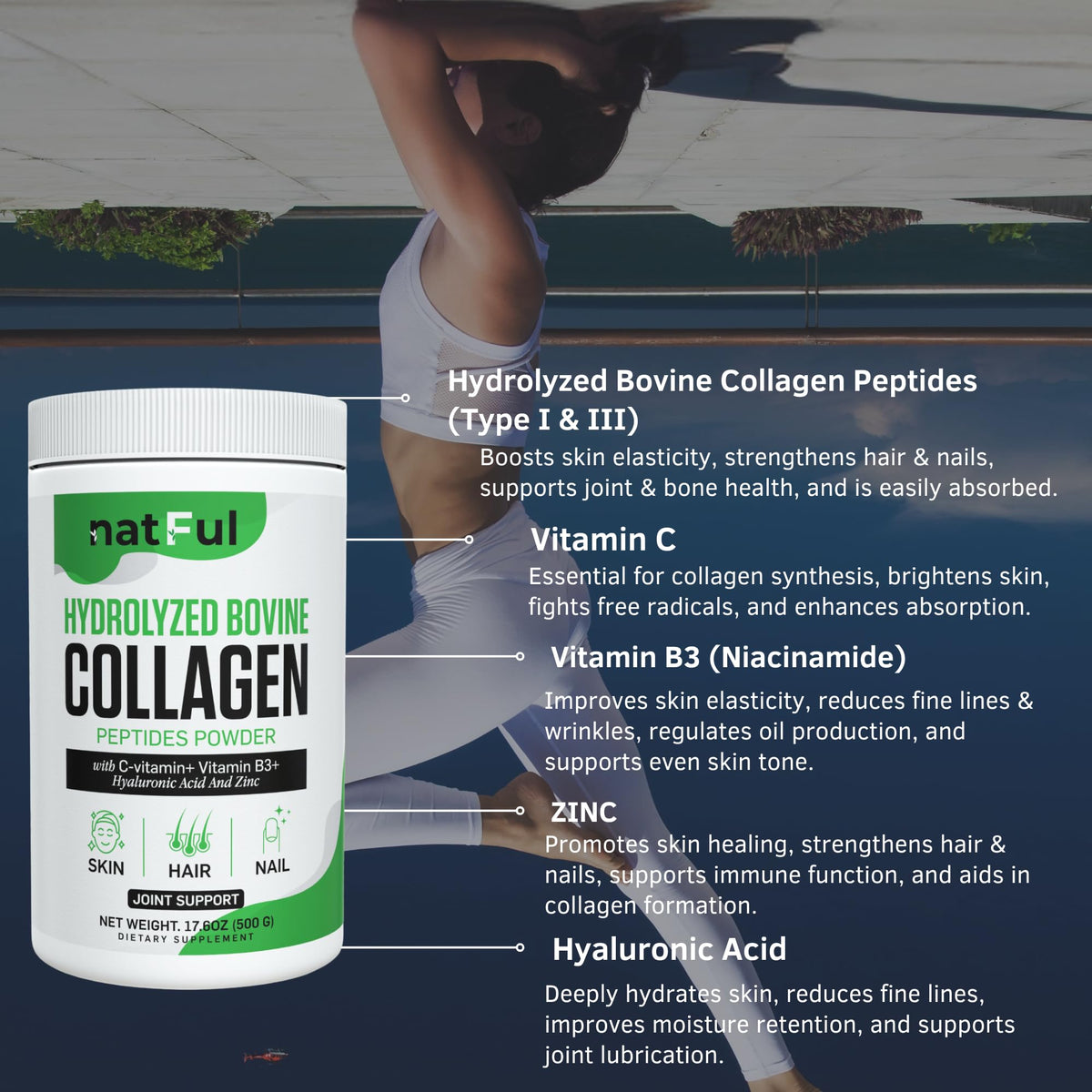 Hydrolyzed Bovine Collagen Peptides Powder with Vitamin C, Hyaluronic Acid, Zinc & B3 H524358