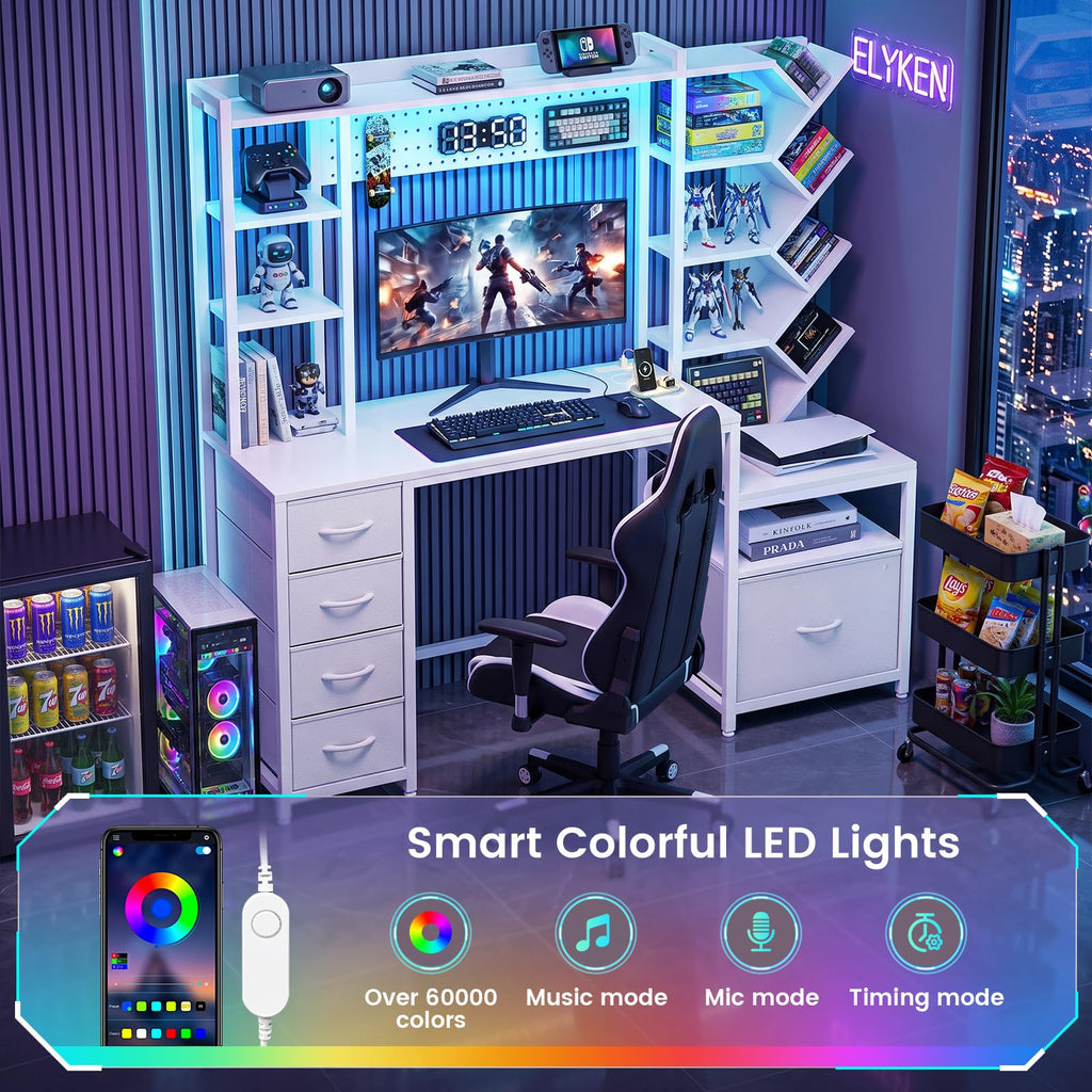 61.4" Computer Desk with Bookshelf, 5 Drawers, Hutch, Outlet, LED I869615