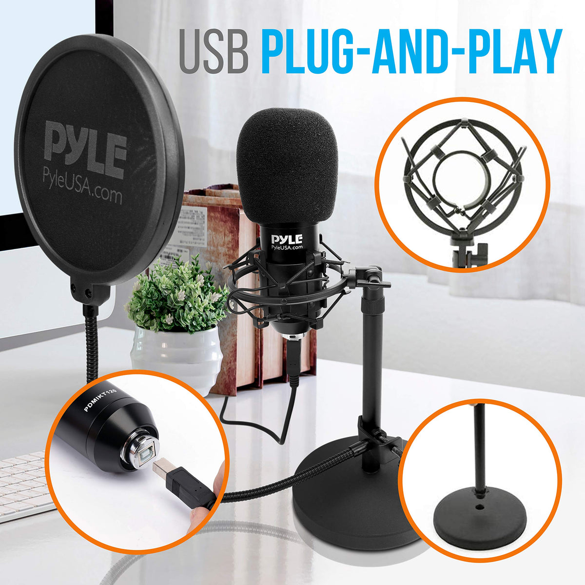 USB Cardioid Condenser Microphone with Desktop Stand and Pop Filter Q367