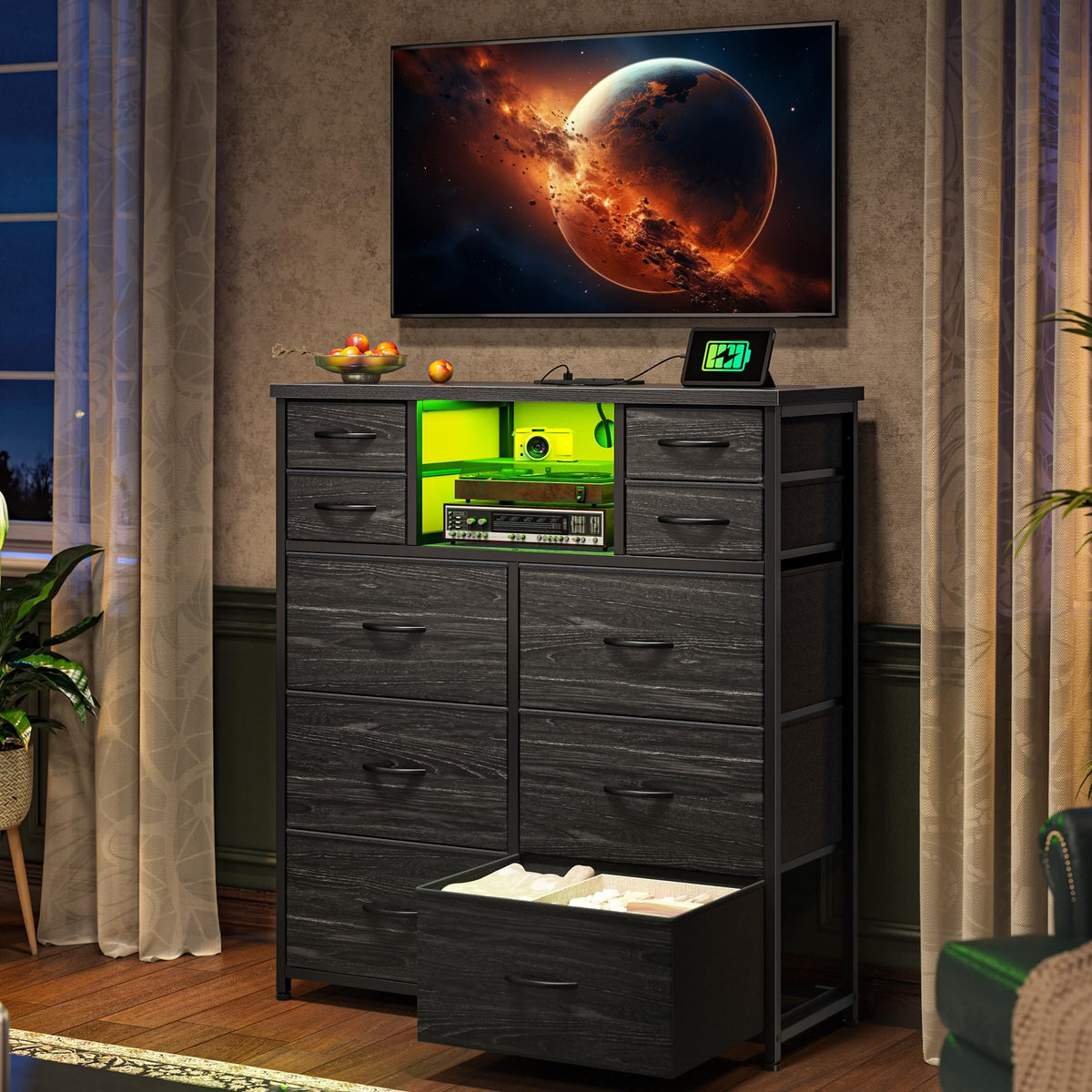 Black 10 Drawer Dresser with LED & Charging Station B767773