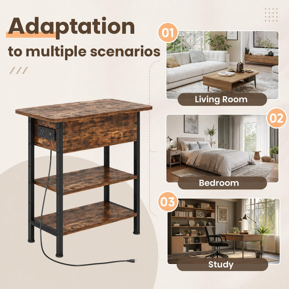 Brown Flip Top End Table with Charging Station and 3 Tier Storage U819230
