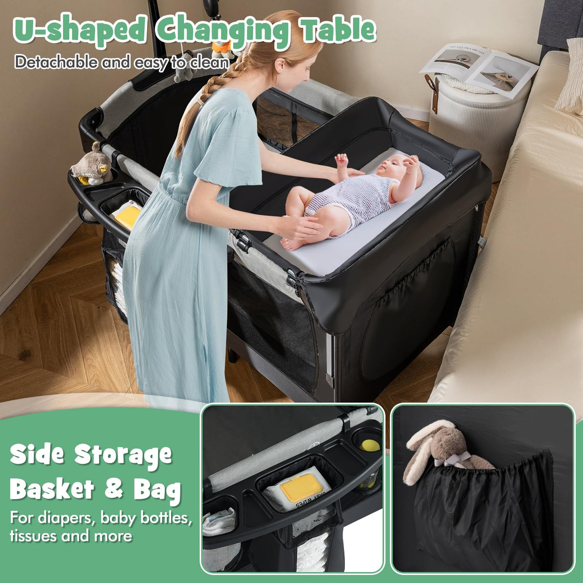 6-in-1 Pack and Play with Bassinet and Changing Table, Black T3984
