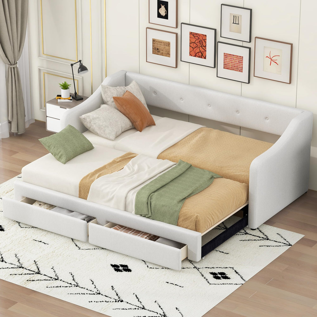 Beige Upholstered Daybed with Trundle and Storage Drawers I6447