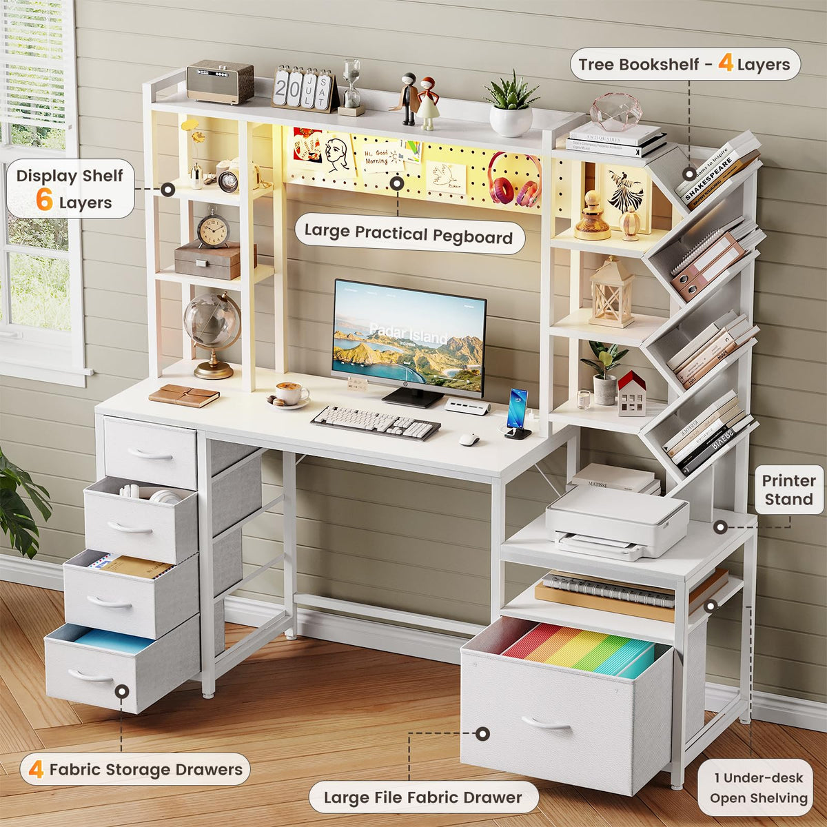 61.4" Computer Desk with Bookshelf, 5 Drawers, Hutch, Outlet, LED I869615