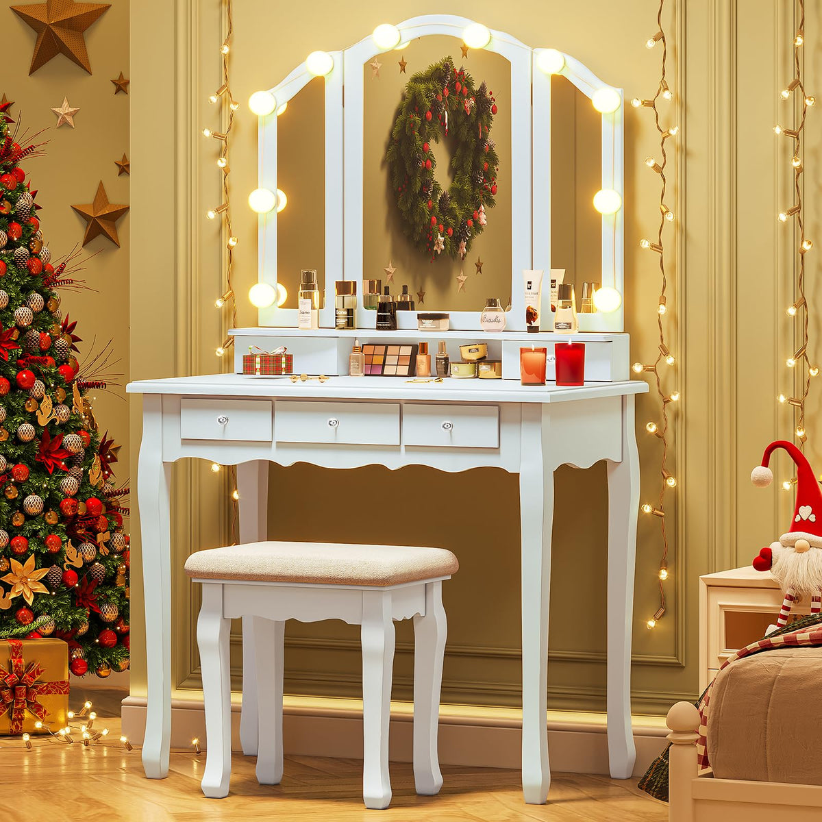 White Vanity Table Set with Lighted Mirror and Stool A958473