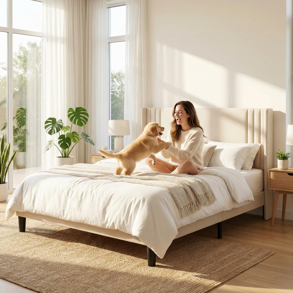 Queen Upholstered Platform Bed with Wingback Headboard S52947