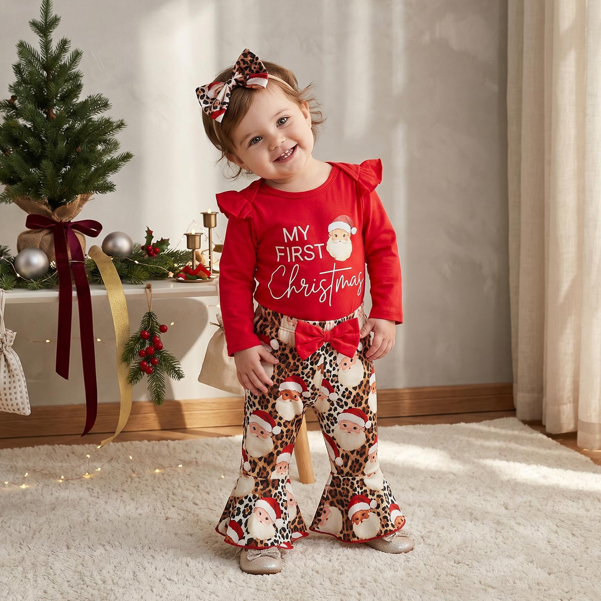 Christmas Baby Girl Outfit Romper Flared Pants Headband X469
