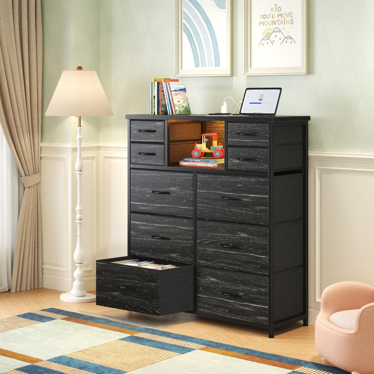 Black 10 Drawer Dresser with LED & Charging Station B767773