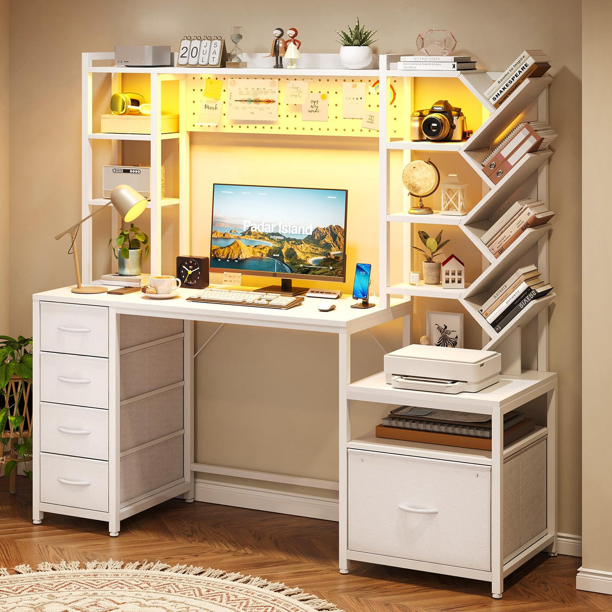 61.4" Computer Desk with Bookshelf, 5 Drawers, Hutch, Outlet, LED I869615