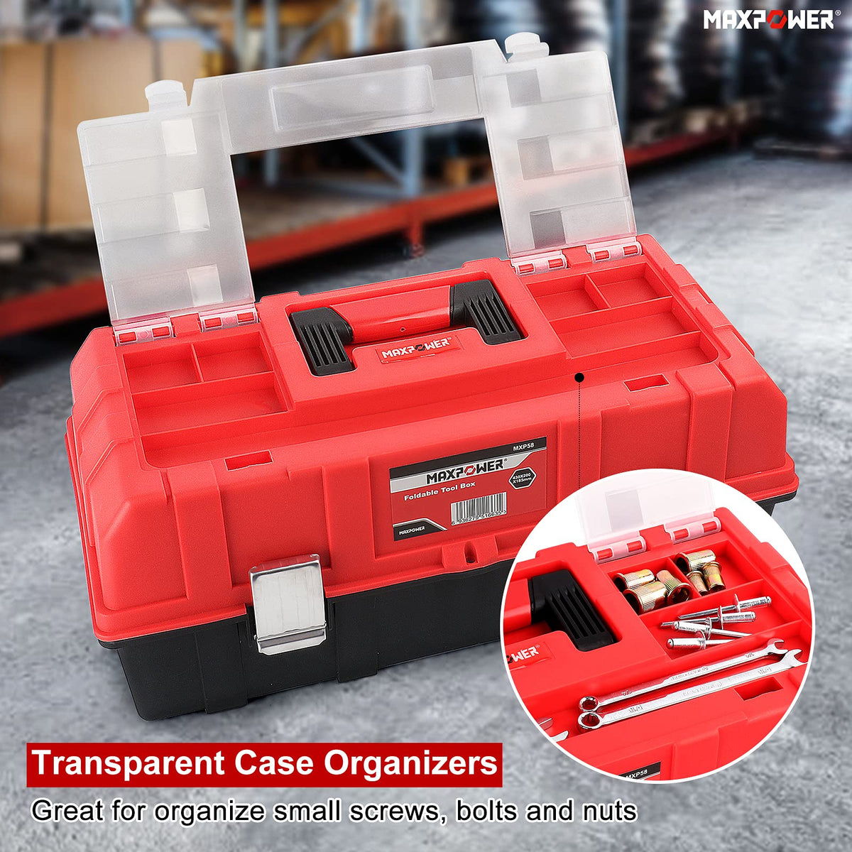 16-Inch Three-Layer Folding Plastic Tool Box with Tray and Dividers Y10774