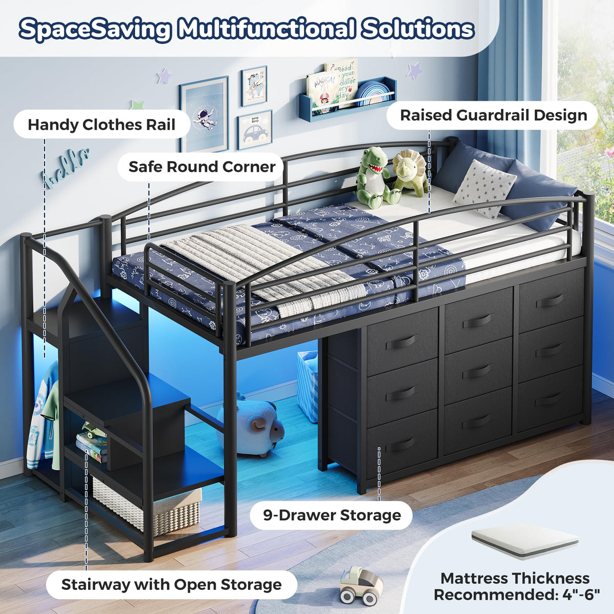 Twin Metal Loft Bed with 9 Storage Drawers and Guardrail S1676