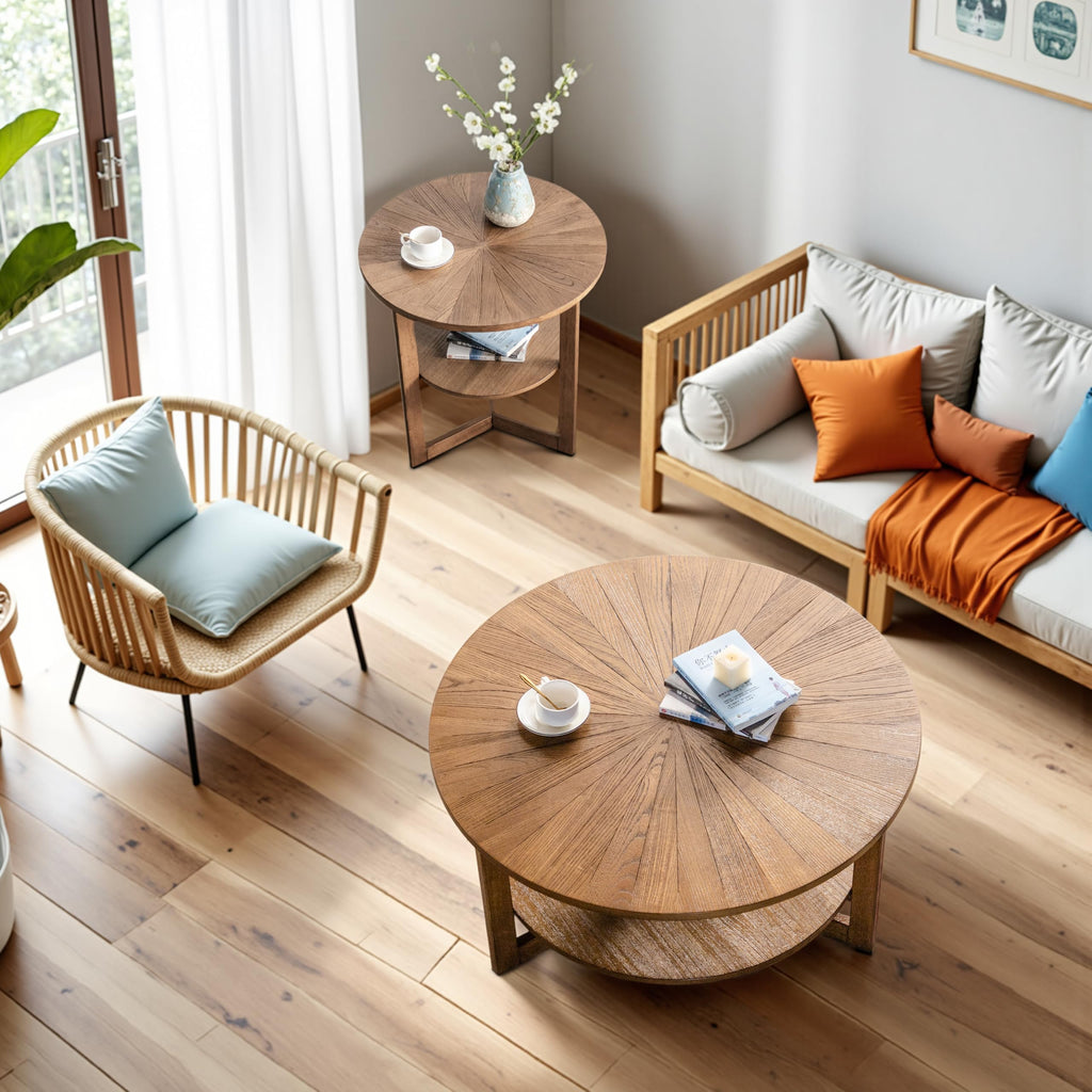 35" Round 2 Tier Wood Coffee Table with Storage Shelf Z381227