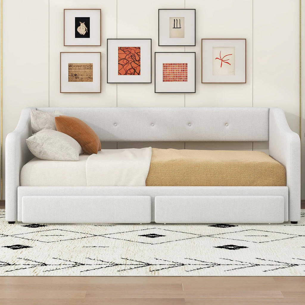 Beige Upholstered Daybed with Trundle and Storage Drawers I6447