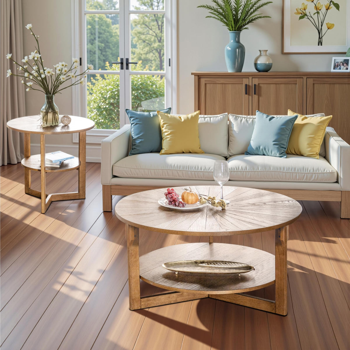 35" Round 2 Tier Wood Coffee Table with Storage Shelf Z381227