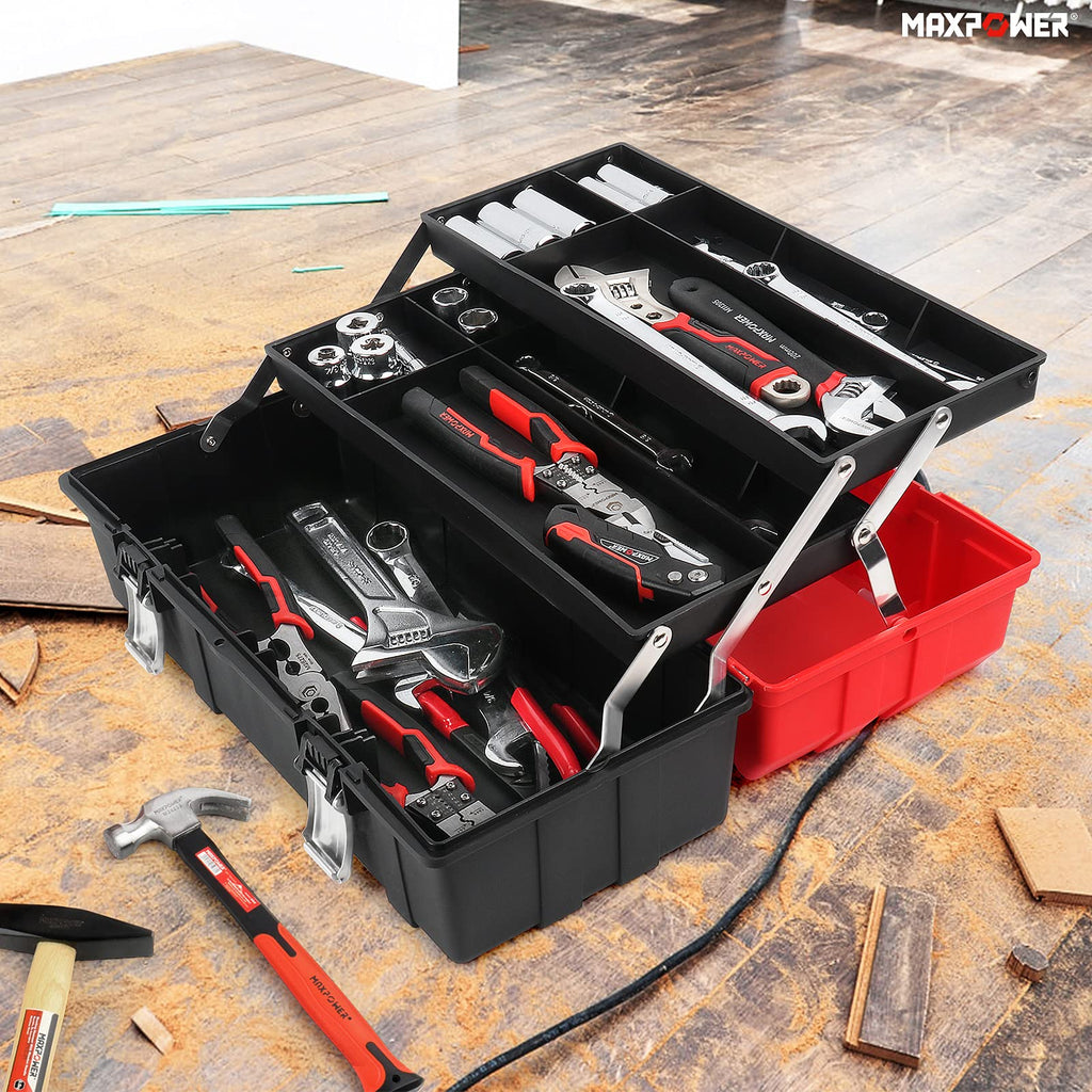 16-Inch Three-Layer Folding Plastic Tool Box with Tray and Dividers Y10774