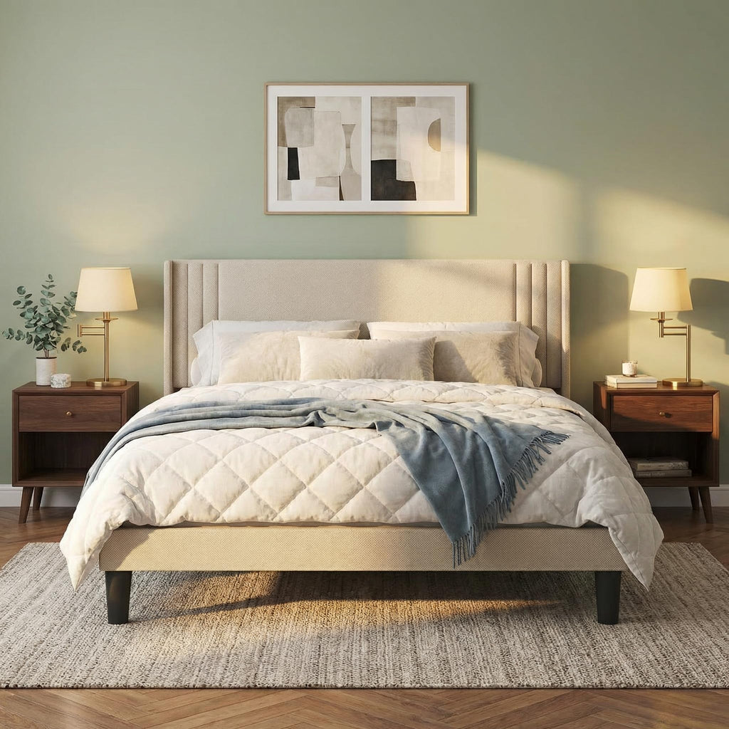 Queen Upholstered Platform Bed with Wingback Headboard S52947